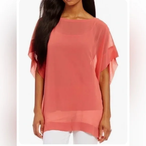 EILEEN FISHER Blouse SHEER SILK GEORGETTE BATEAU NECK BOXY Corral Petite PP $198 - Picture 2 of 4